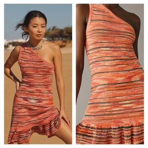 By Anthropologie One-Shoulder Slim Flounce Sweater Dress Colorful Knit SZ Small